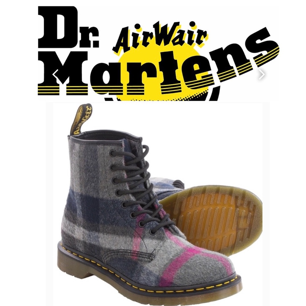Dr. Martens Castel Wool Gray & Pink Plaid Boots
